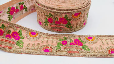 Peach Art Silk Fabric Trim With Green, Orange, Fuchsia Pink And Gold Floral Embroidery